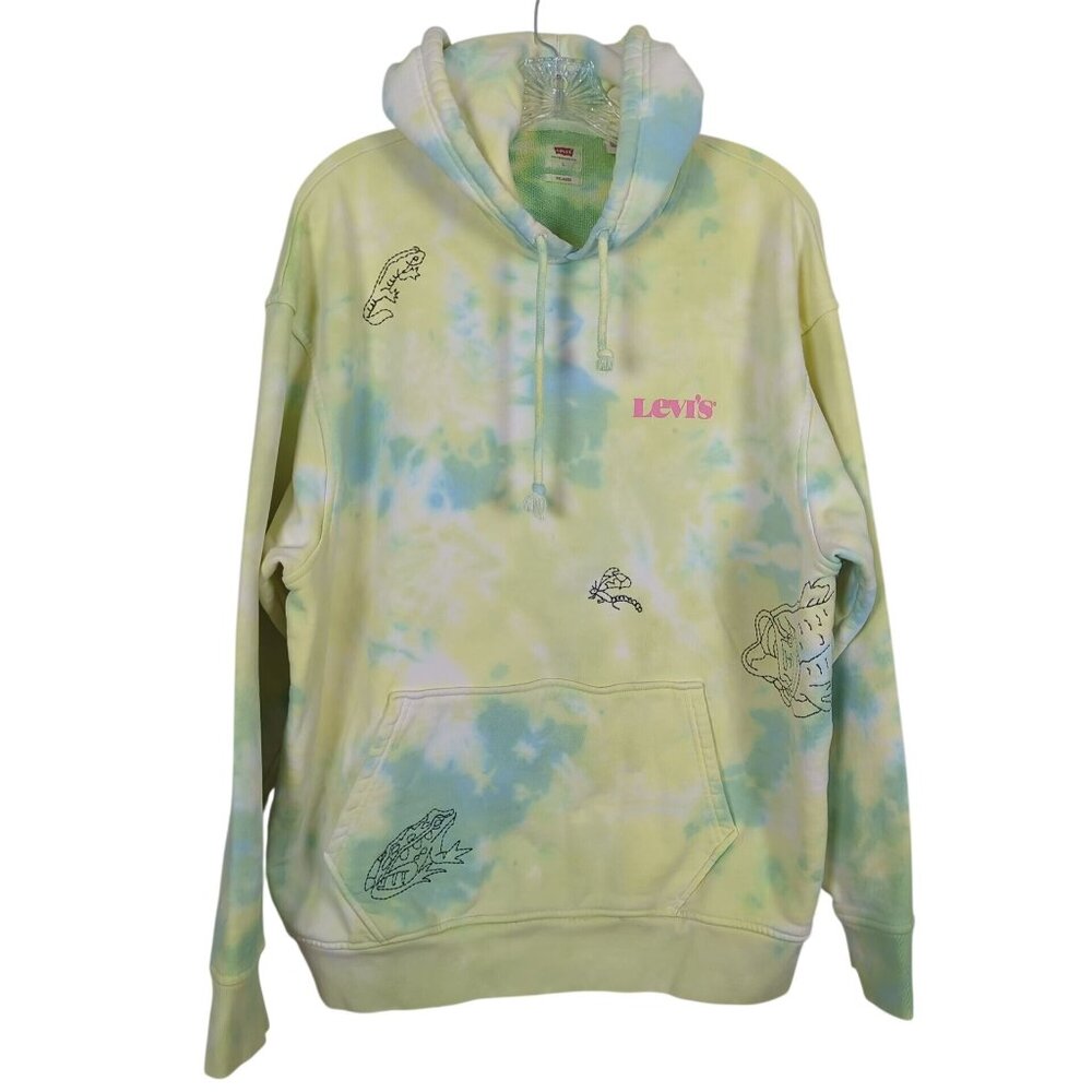 Levi’s Tie Dye Cotton Hoodie Sweatshirt Unisex Large Blue Yellow Frog Fish